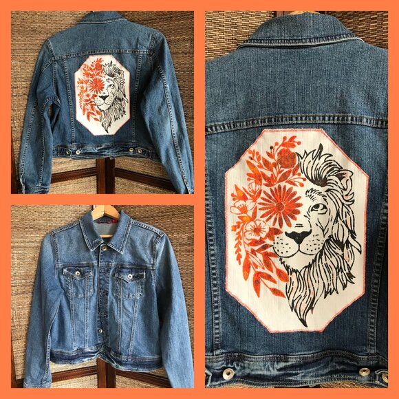 Upcycled Denim Jacket: Hand-Painted Lion Patchwork, Women's Medium - Picture 11 of 12